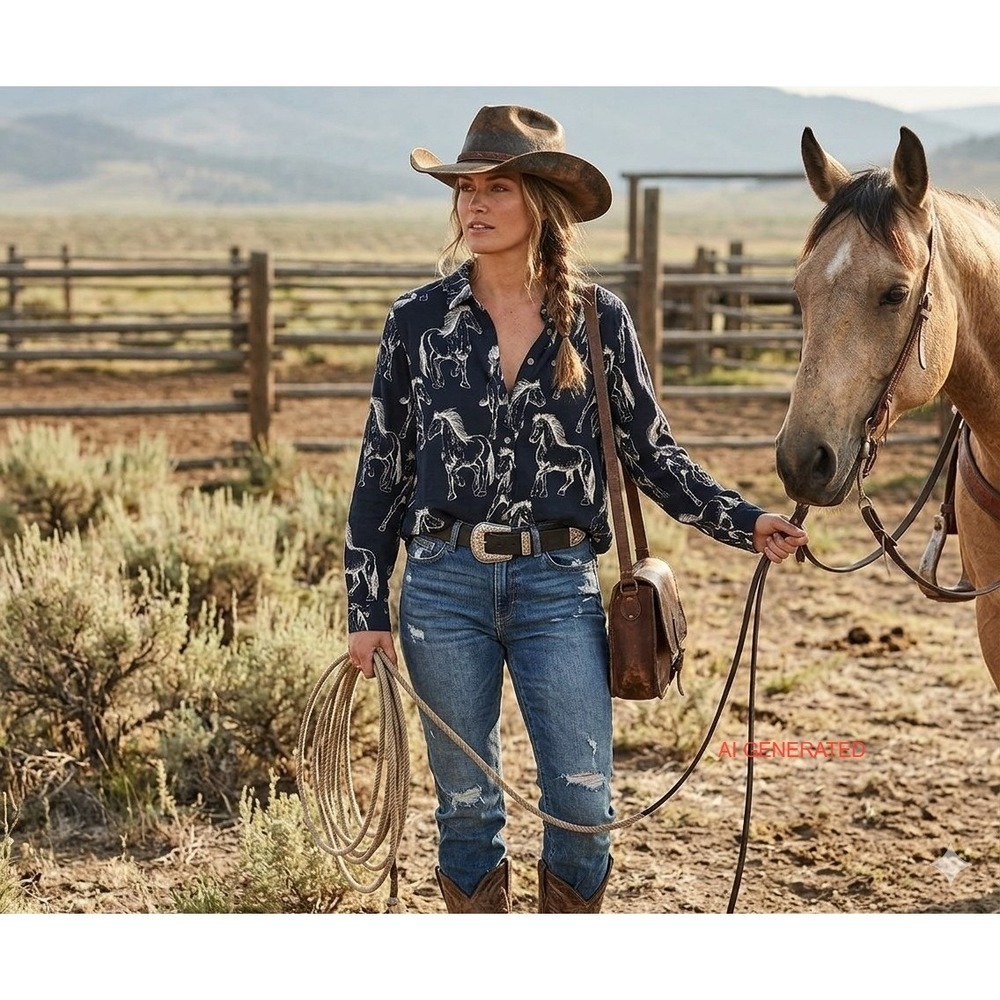 Jane Delancey L Sketch Horse Button-Up Shirt Top Blouse Flowy Easy Wear Rodeo